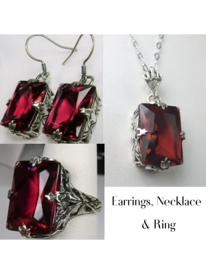 Red Ruby Jewelry Set, Rectangle Art Deco Set includes Ring, Earrings & Pendant #S15