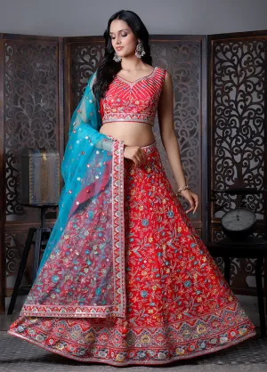 Red Silk Readymade Lehenga With Dupatta