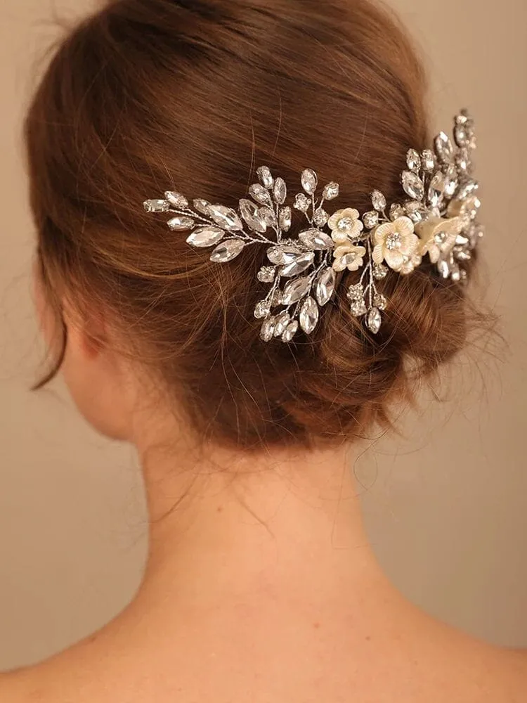 Rhinestone Crystal Seashell Flower Hair Comb, Ivory Floral Large Wedding Hair Comb, Bridal Crystal Decorative Hairpiece