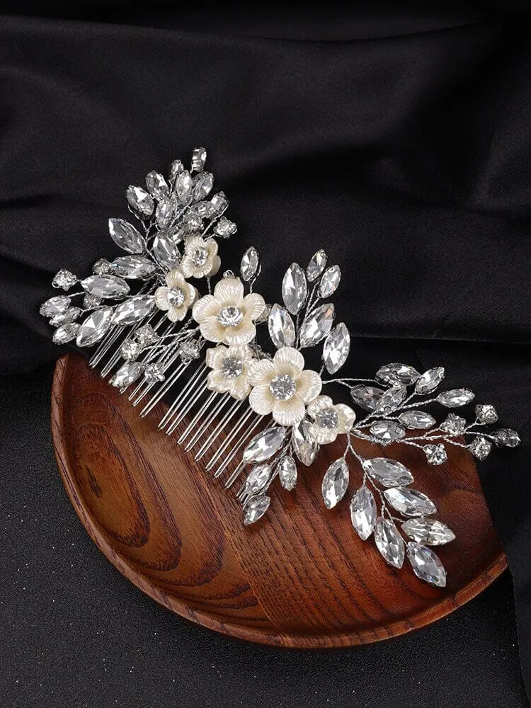 Rhinestone Crystal Seashell Flower Hair Comb, Ivory Floral Large Wedding Hair Comb, Bridal Crystal Decorative Hairpiece