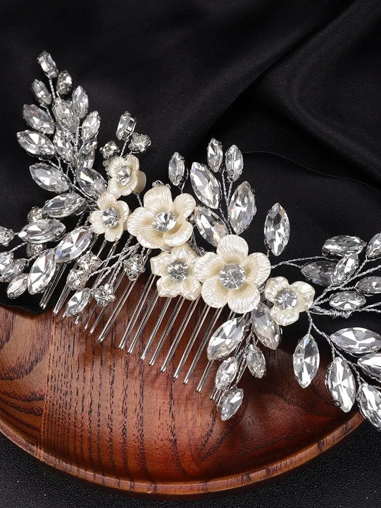 Rhinestone Crystal Seashell Flower Hair Comb, Ivory Floral Large Wedding Hair Comb, Bridal Crystal Decorative Hairpiece