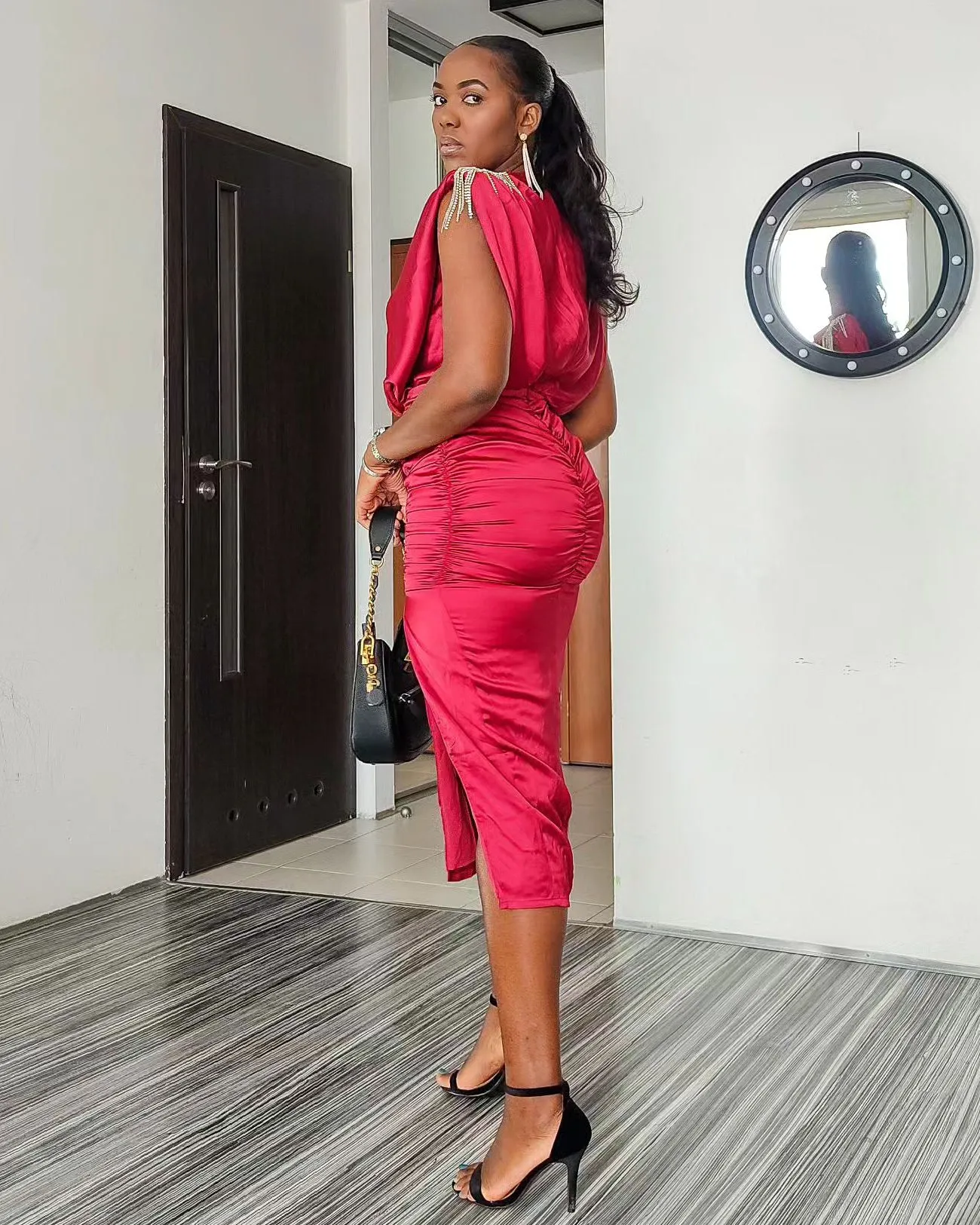 Rhinestone Tassels Pleated Midi Dress