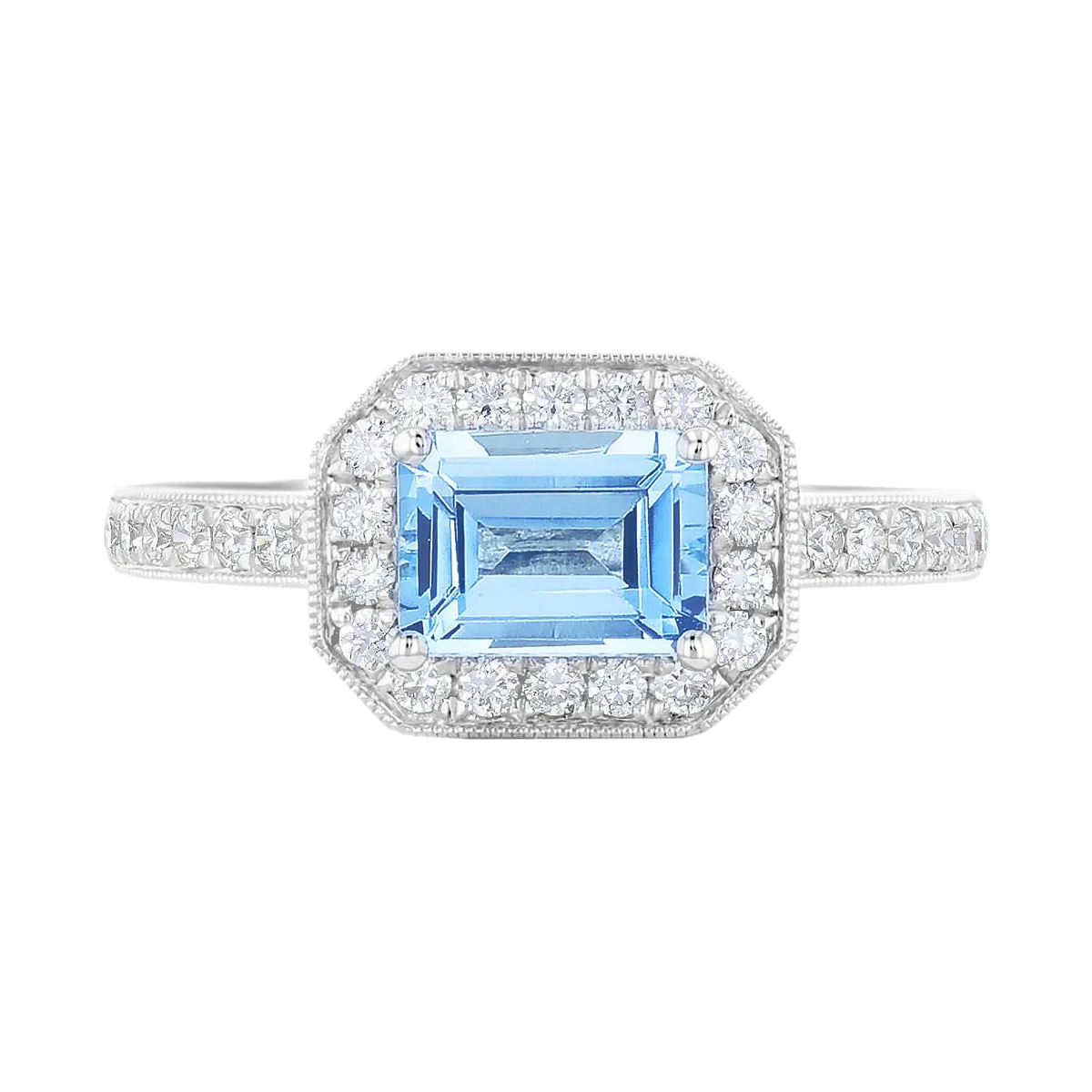 Riviera Collection East-West Aquamarine & Diamond Halo Ring | 18K White Gold