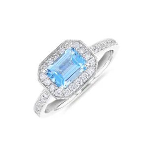 Riviera Collection East-West Aquamarine & Diamond Halo Ring | 18K White Gold