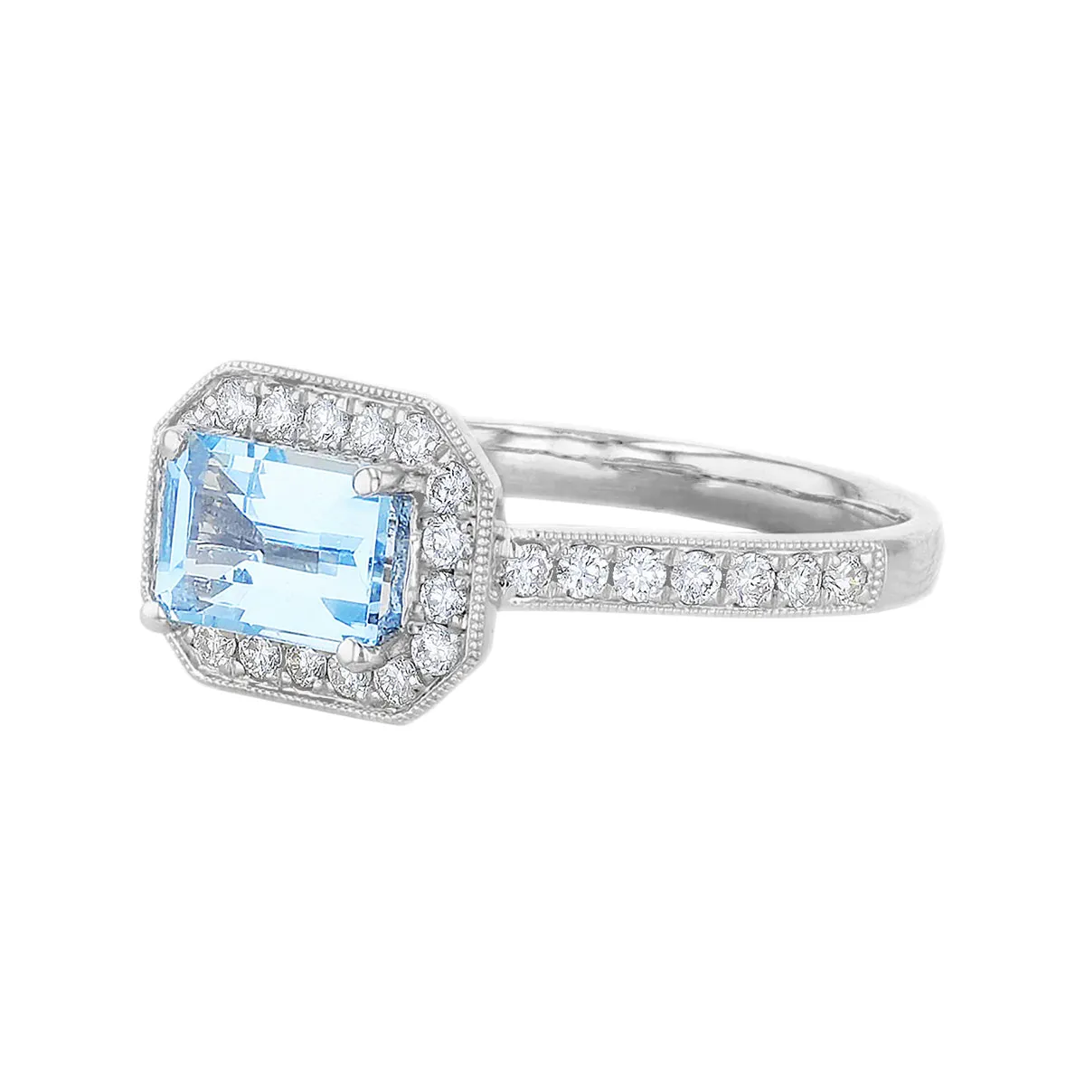 Riviera Collection East-West Aquamarine & Diamond Halo Ring | 18K White Gold