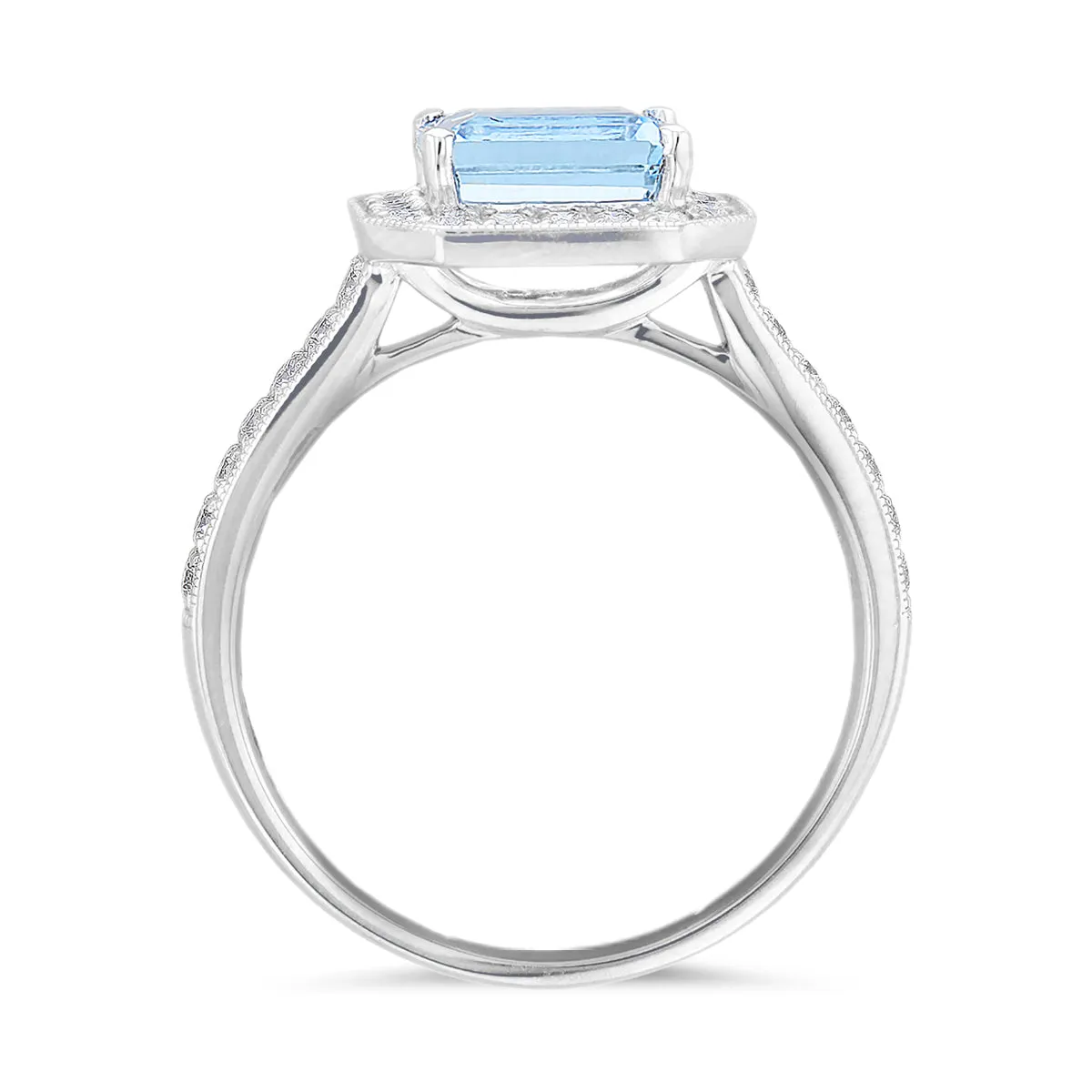 Riviera Collection East-West Aquamarine & Diamond Halo Ring | 18K White Gold