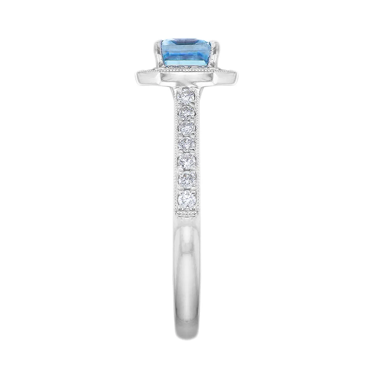 Riviera Collection East-West Aquamarine & Diamond Halo Ring | 18K White Gold