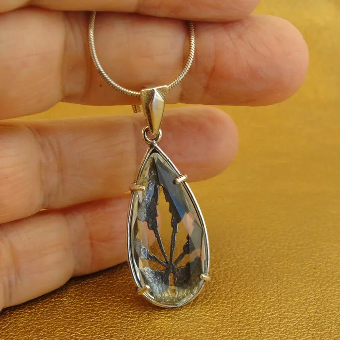 Rock Crystal Pendant 925 Sterling Silver Leaf  Handmade Hadar Designers  ()y