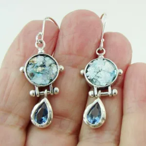 Roman Glass Blue Topaz CZ Drop Earrings 925 Silver Handmade Hadar Designers  (as