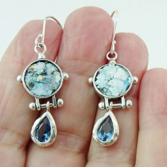 Roman Glass Blue Topaz CZ Drop Earrings 925 Silver Handmade Hadar Designers  (as