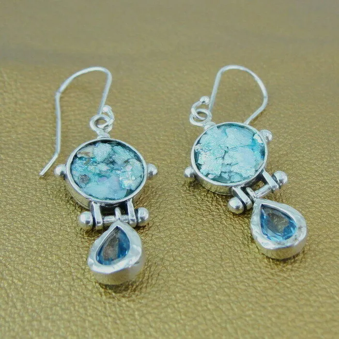 Roman Glass Blue Topaz CZ Drop Earrings 925 Silver Handmade Hadar Designers  (as
