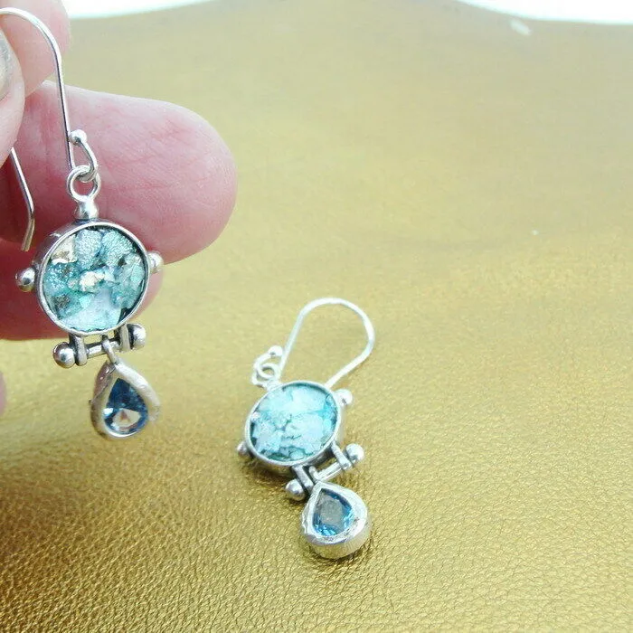 Roman Glass Blue Topaz CZ Drop Earrings 925 Silver Handmade Hadar Designers  (as