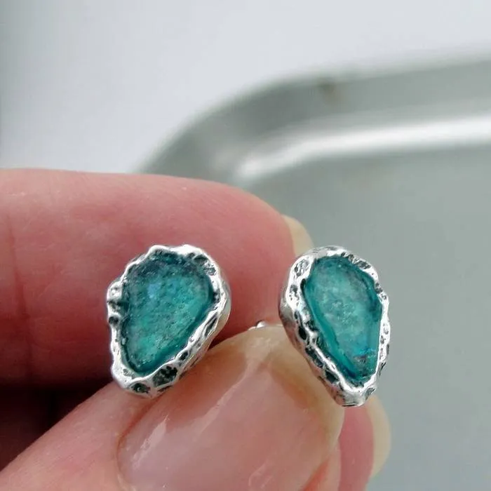 Roman Glass Drop Stud Earrings Sterling Silver Handmade Hadar Designers (AS