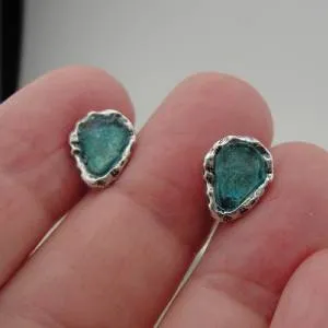 Roman Glass Drop Stud Earrings Sterling Silver Handmade Hadar Designers (AS