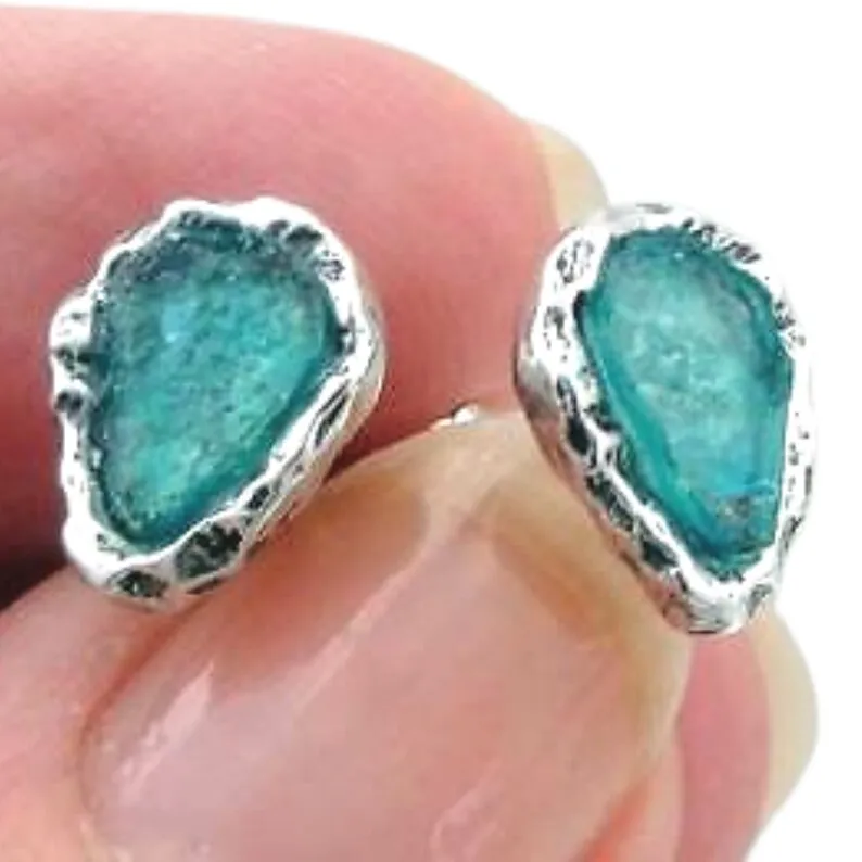 Roman Glass Drop Stud Earrings Sterling Silver Handmade Hadar Designers (AS