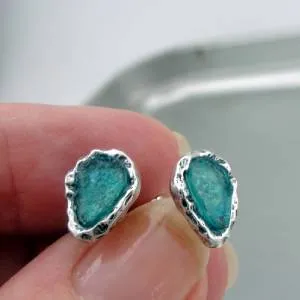 Roman Glass Drop Stud Earrings Sterling Silver Handmade Hadar Designers (AS