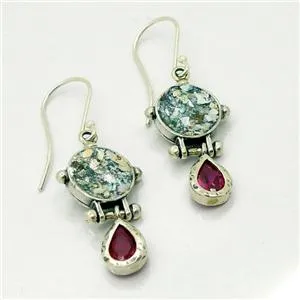 Roman Glass Garnet Drop Earrings 925 Silver Handmade Hadar Designers (as 407012)