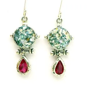 Roman Glass Garnet Drop Earrings 925 Silver Handmade Hadar Designers (as 407012)