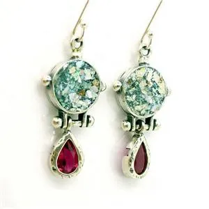 Roman Glass Garnet Drop Earrings 925 Silver Handmade Hadar Designers (as 407012)
