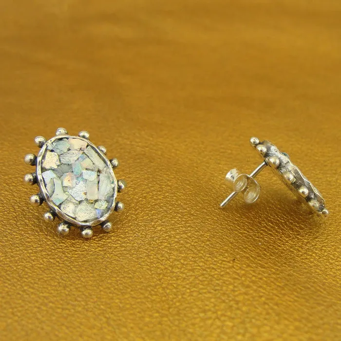 Roman Glass Stud Earrings 925 Sterling Silver Oval Handmade Hadar Designers  (ASY