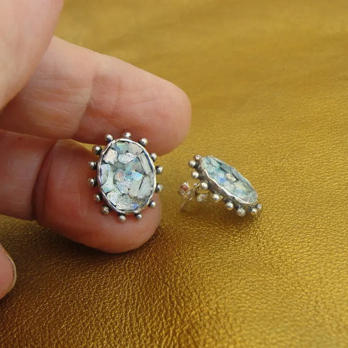 Roman Glass Stud Earrings 925 Sterling Silver Oval Handmade Hadar Designers  (ASY