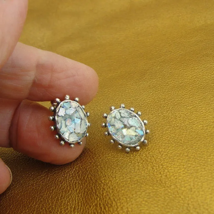 Roman Glass Stud Earrings 925 Sterling Silver Oval Handmade Hadar Designers  (ASY