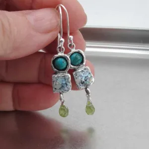 Roman Glass Turquoise Peridot Earrings 925 Sterling Silver Hadar Designers (as