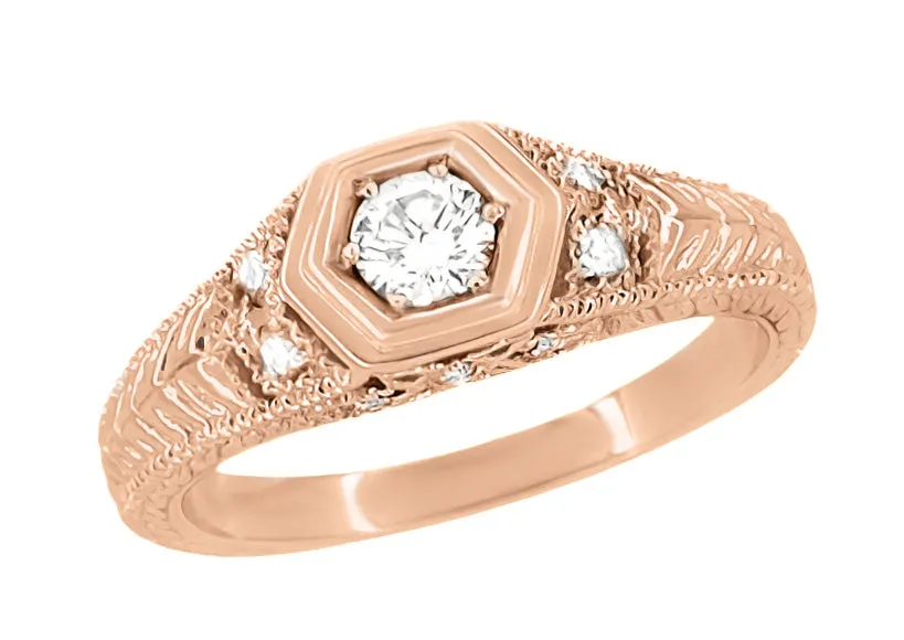 Rose Gold Art Deco Filigree Antique Style Carved Hexagon 1/4 Carat Diamond Engagement Ring