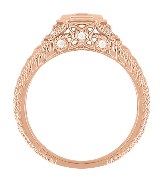Rose Gold Art Deco Filigree Antique Style Carved Hexagon 1/4 Carat Diamond Engagement Ring