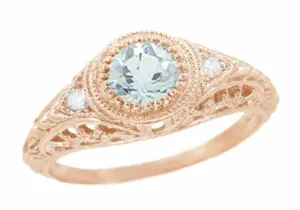 Rose Gold Engraved Filigree Art Deco Aquamarine Low Dome Engagement Ring with Side Diamonds