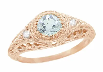 Rose Gold Engraved Filigree Art Deco Aquamarine Low Dome Engagement Ring with Side Diamonds
