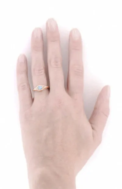 Rose Gold Engraved Filigree Art Deco Aquamarine Low Dome Engagement Ring with Side Diamonds