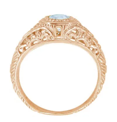 Rose Gold Engraved Filigree Art Deco Aquamarine Low Dome Engagement Ring with Side Diamonds