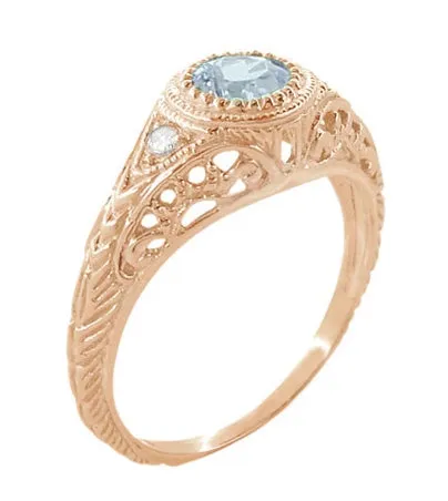 Rose Gold Engraved Filigree Art Deco Aquamarine Low Dome Engagement Ring with Side Diamonds