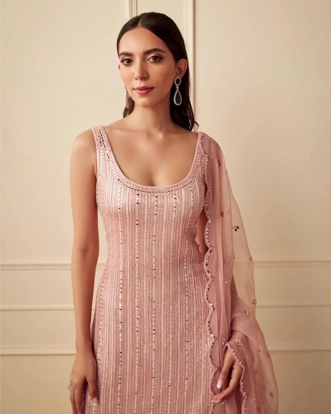 Rose Gold Mirror Work Suit Set | Glamorous and Elegant Ethnic Wear