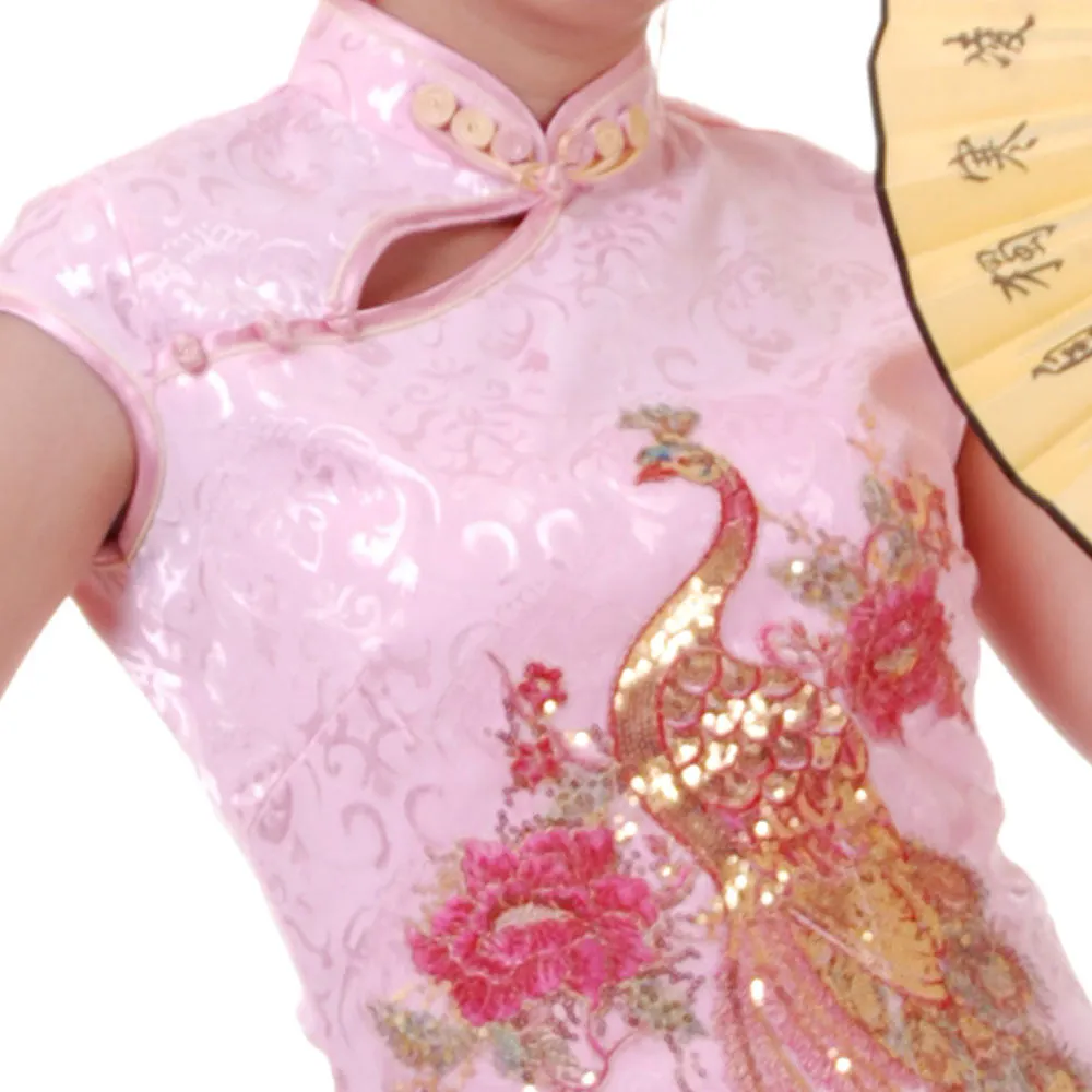 Rose Pink Chinese Qipao Dress with Peacock