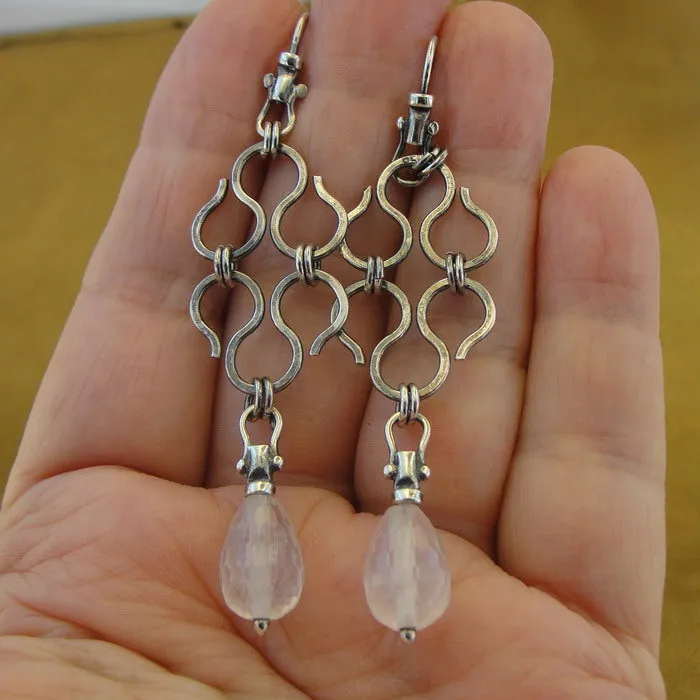 Rose Quartz Earrings 925 Sterling Silver Handmade Art Hadar Designers  (H) LAST