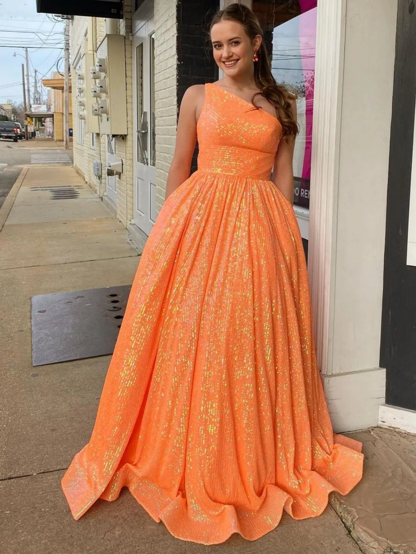 Roycebridal Charlee |A-Line One Shoulder Sequins Prom Dress with Pockets
