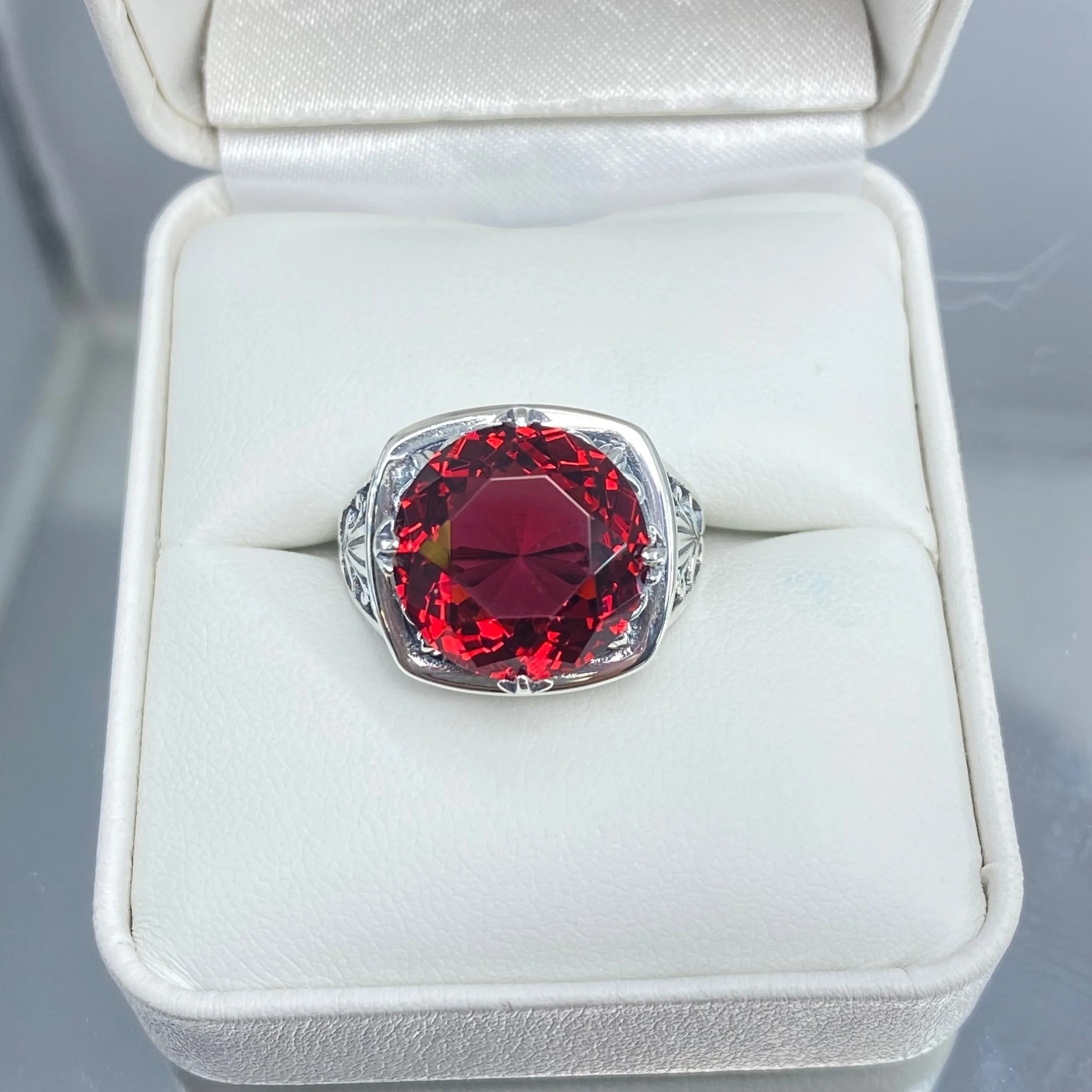 Ruby Ring, size 7, Round Cut, Lotus Art Deco Filigree, D130 - Ready to Ship
