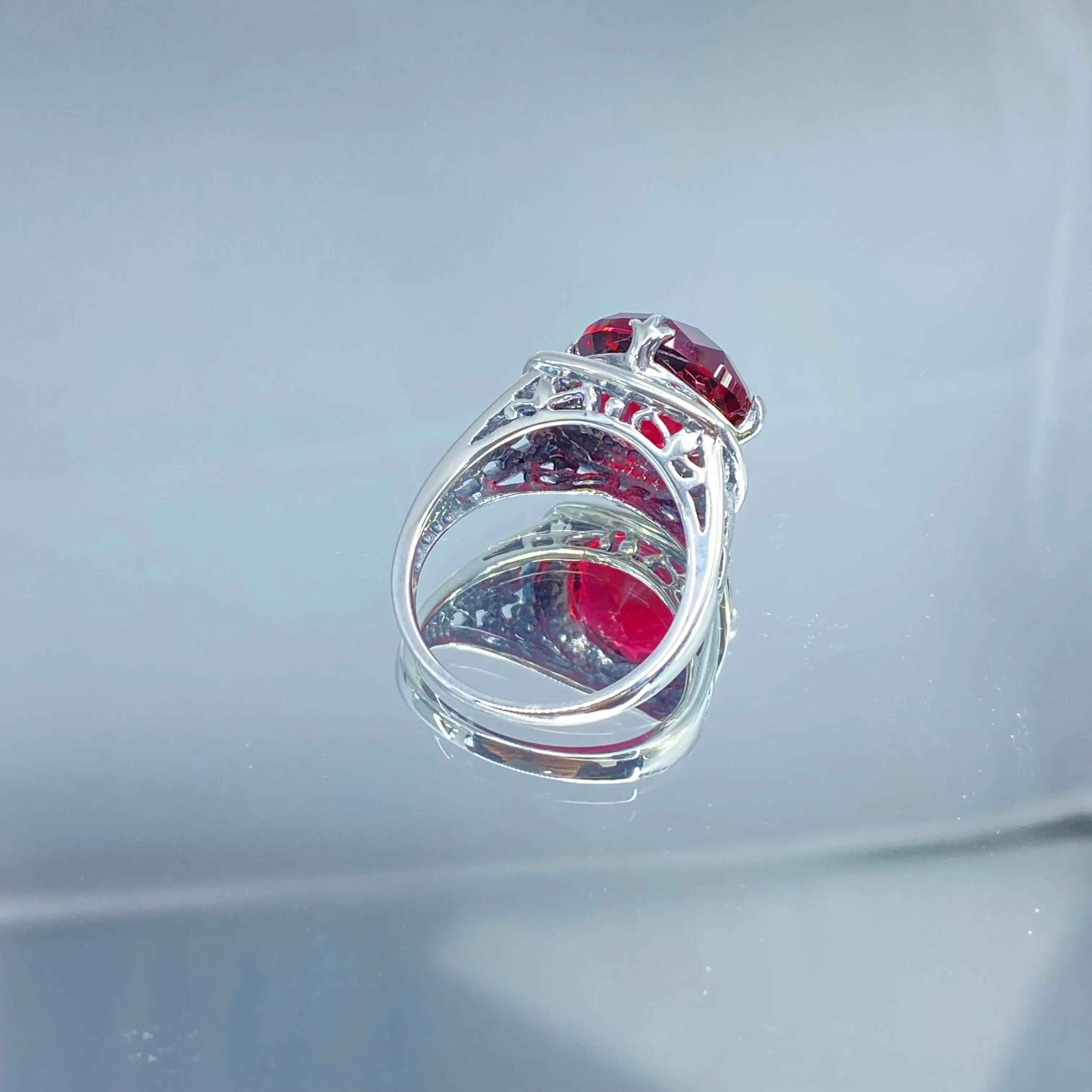 Ruby Ring, size 7, Round Cut, Lotus Art Deco Filigree, D130 - Ready to Ship