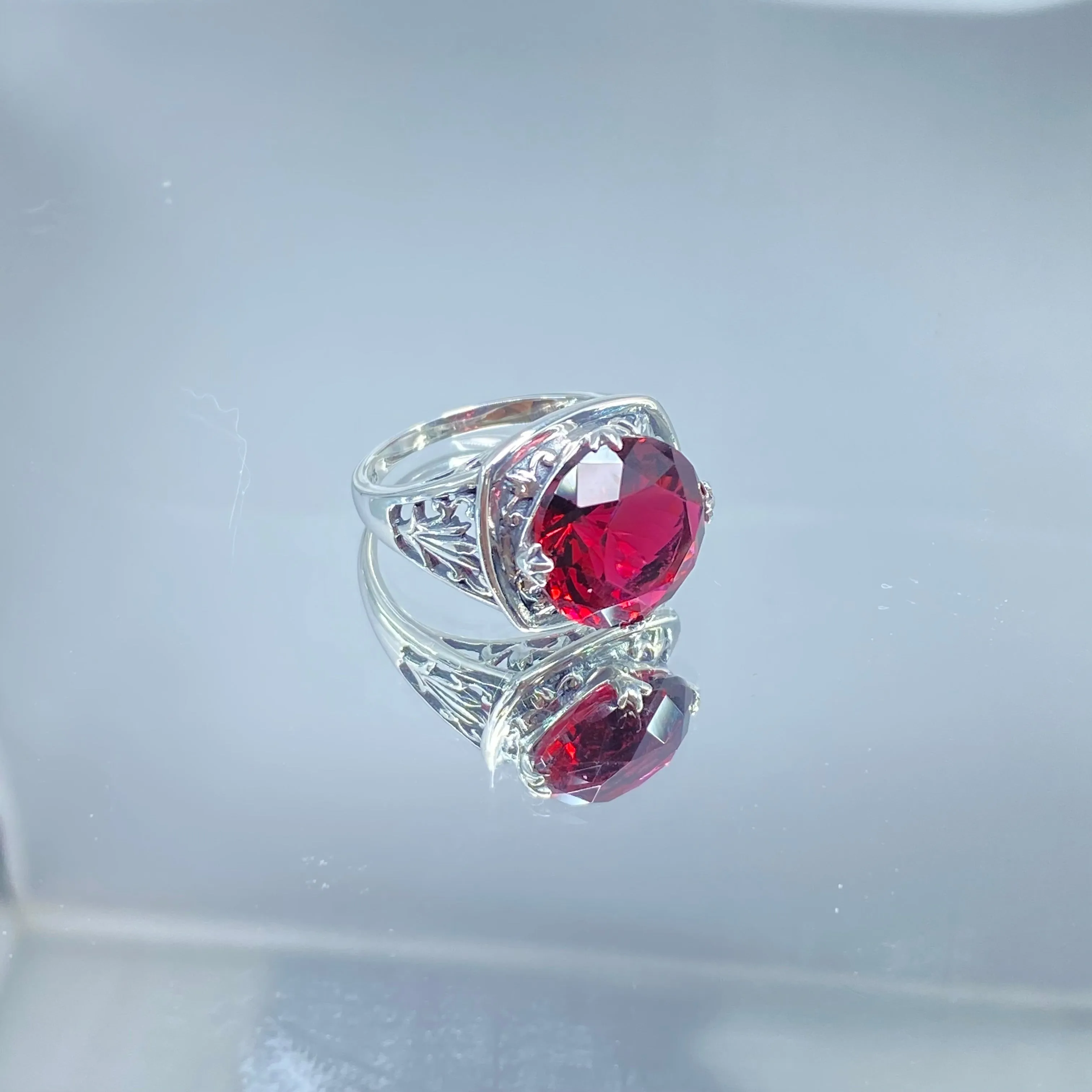 Ruby Ring, size 7, Round Cut, Lotus Art Deco Filigree, D130 - Ready to Ship