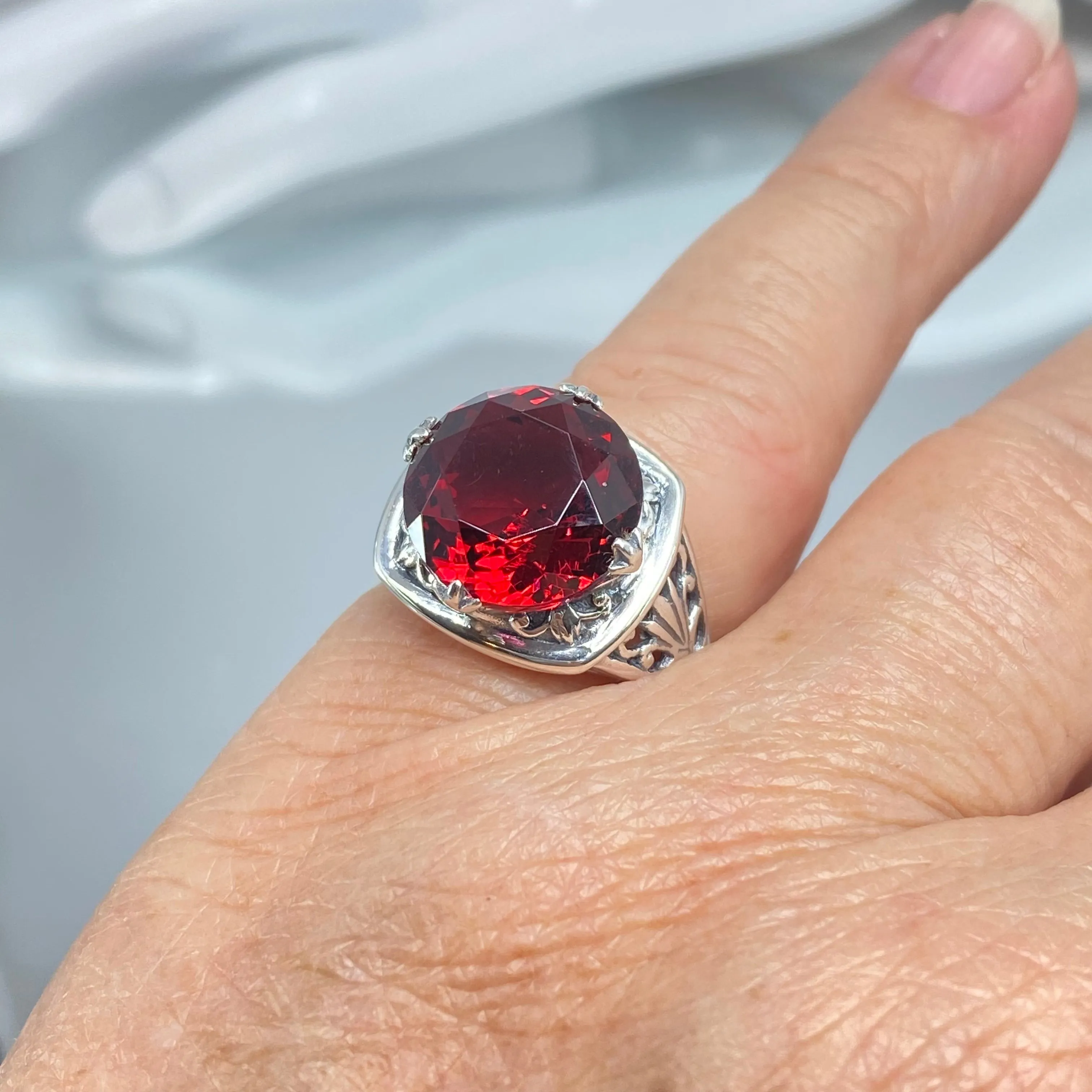 Ruby Ring, size 7, Round Cut, Lotus Art Deco Filigree, D130 - Ready to Ship