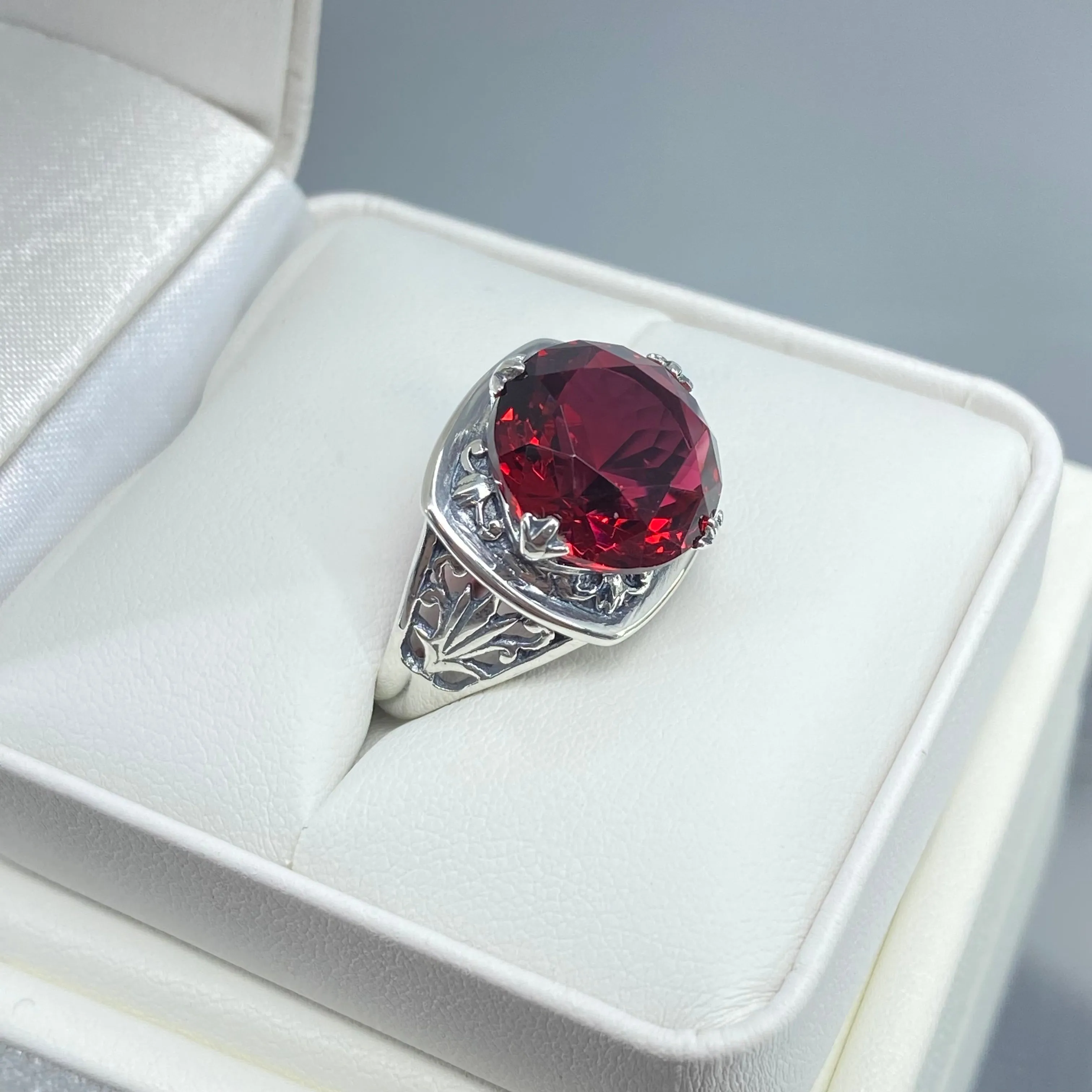Ruby Ring, size 7, Round Cut, Lotus Art Deco Filigree, D130 - Ready to Ship
