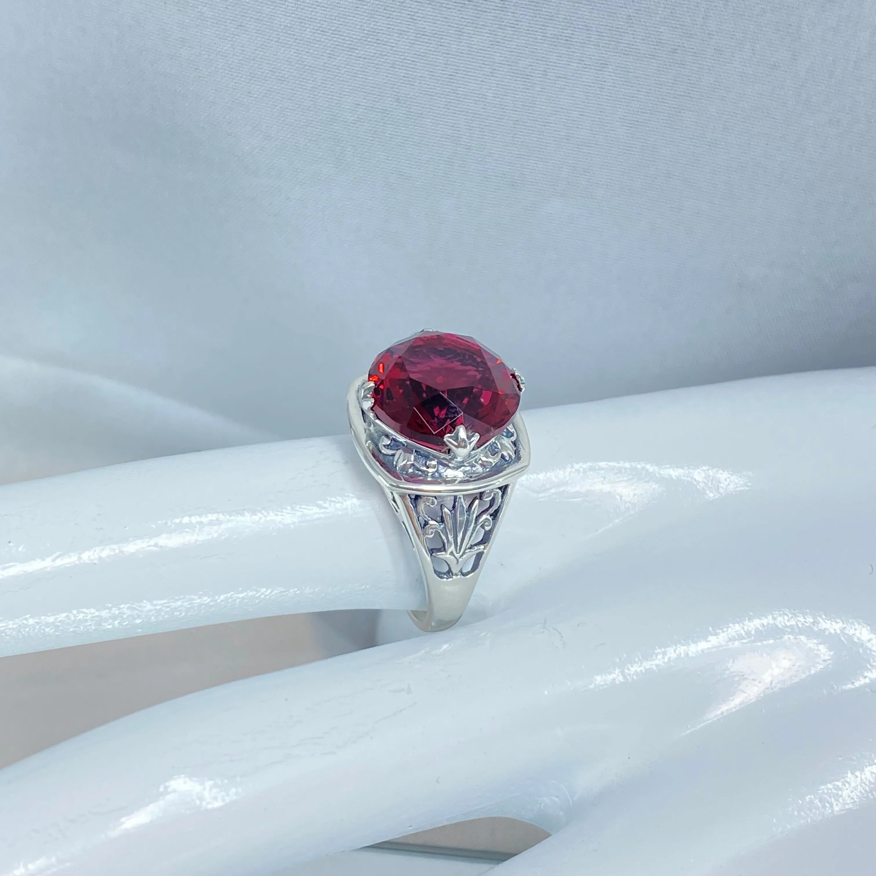 Ruby Ring, size 7, Round Cut, Lotus Art Deco Filigree, D130 - Ready to Ship