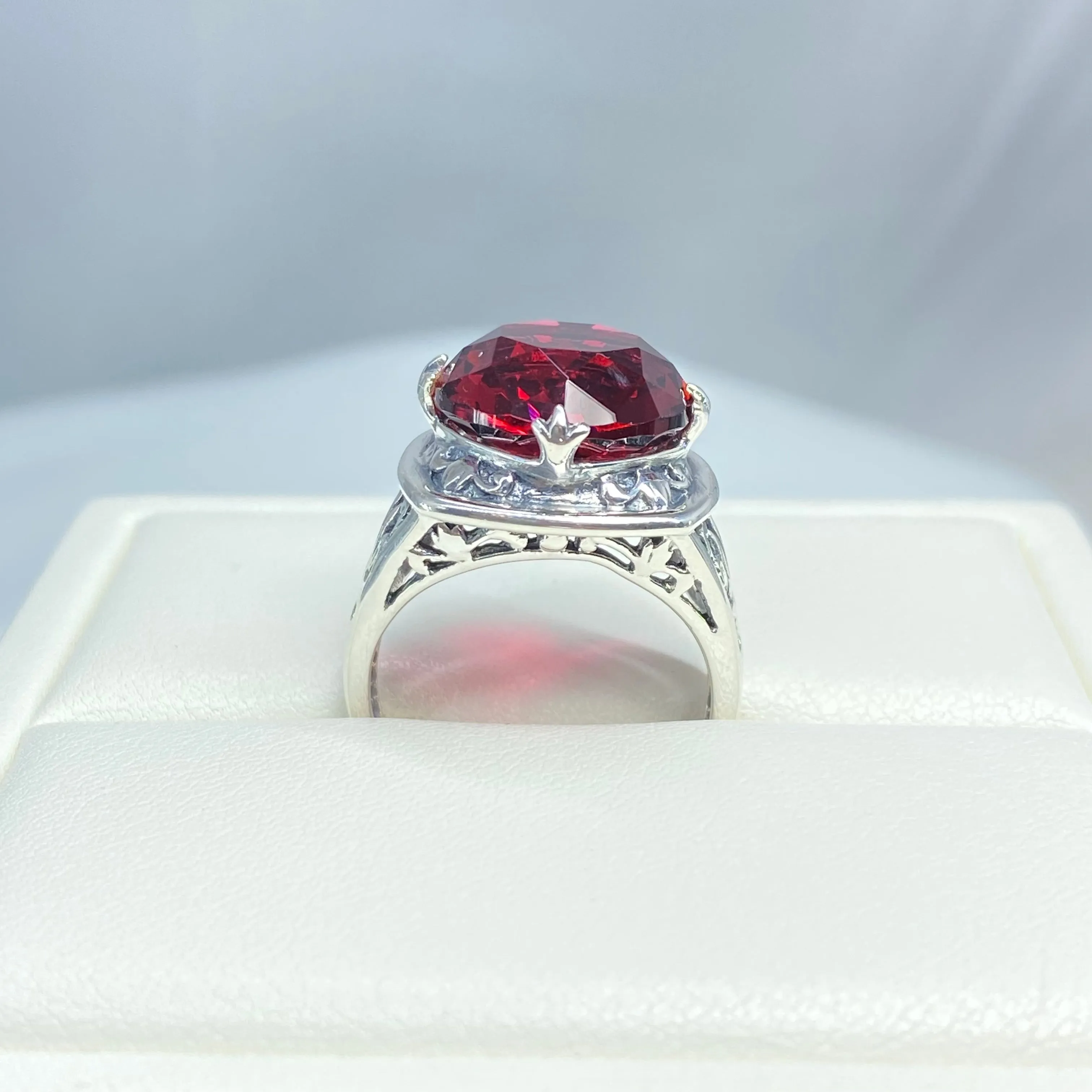 Ruby Ring, size 7, Round Cut, Lotus Art Deco Filigree, D130 - Ready to Ship