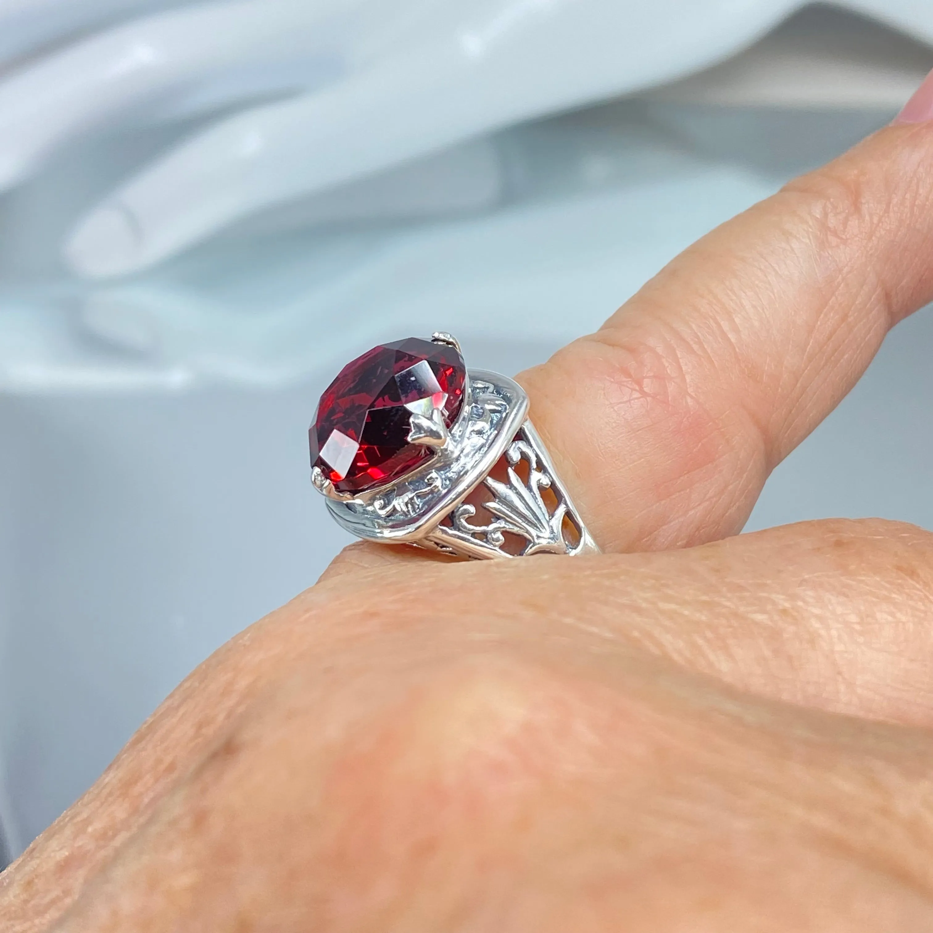 Ruby Ring, size 7, Round Cut, Lotus Art Deco Filigree, D130 - Ready to Ship