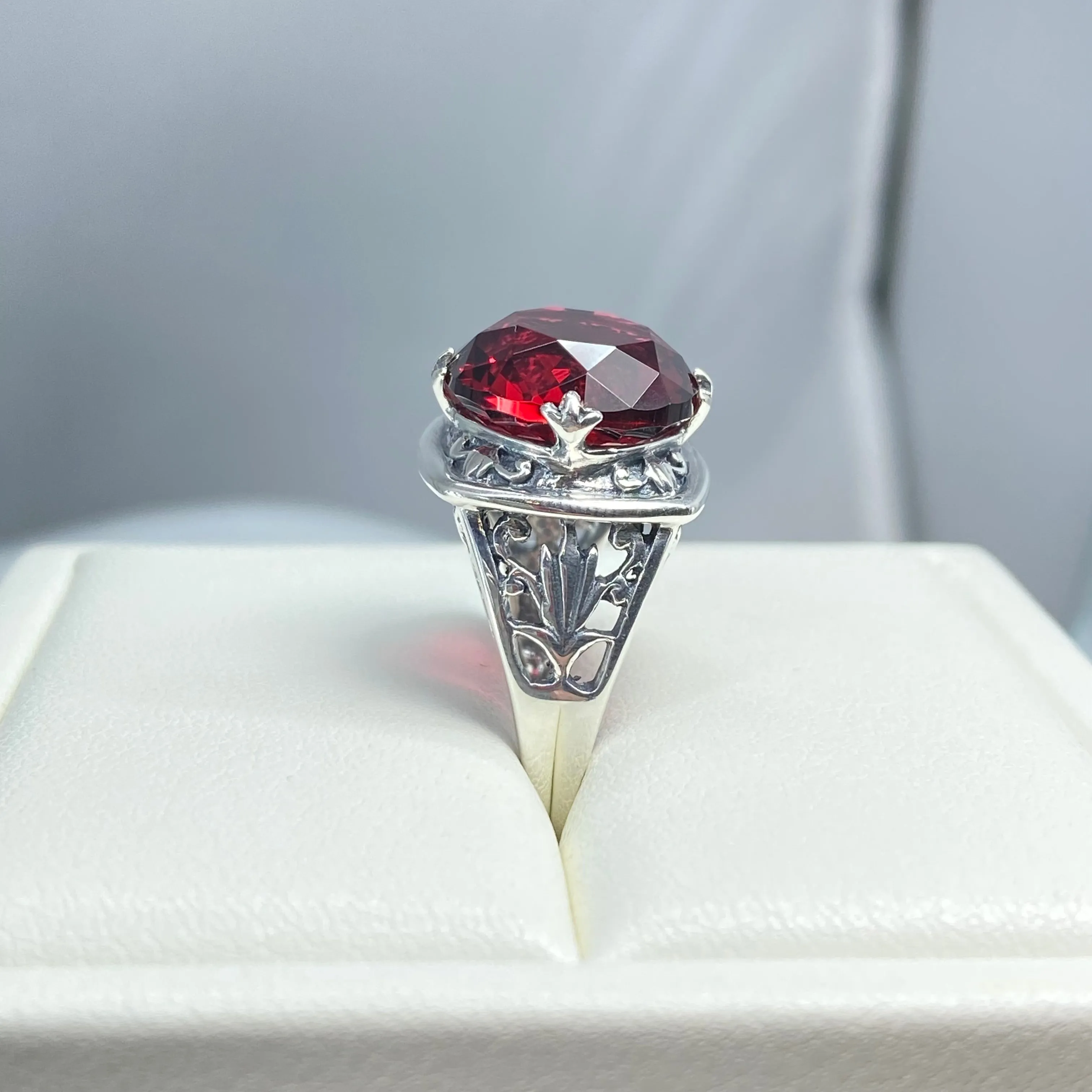 Ruby Ring, size 7, Round Cut, Lotus Art Deco Filigree, D130 - Ready to Ship
