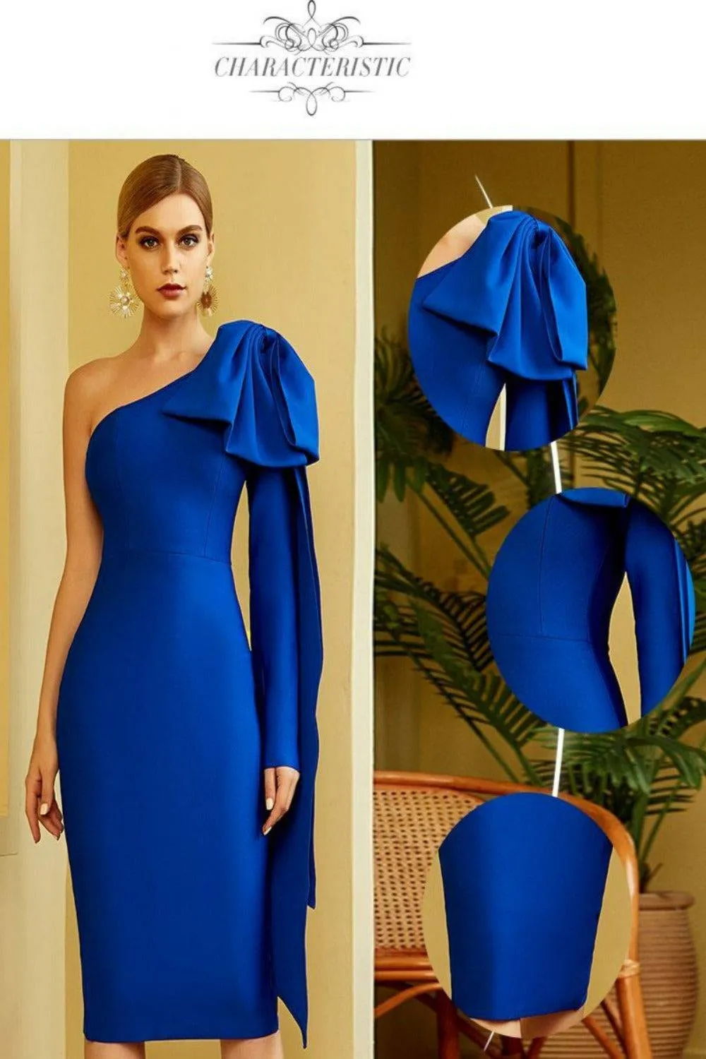 Ruffle Bow Long Sleeve off the Shoulder Bodycon Blue Midi Cocktail Dress