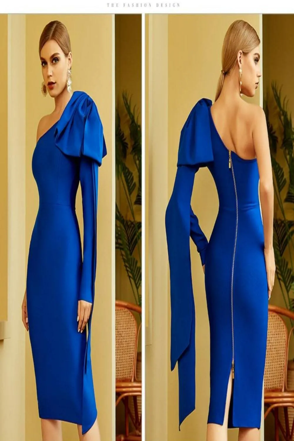 Ruffle Bow Long Sleeve off the Shoulder Bodycon Blue Midi Cocktail Dress