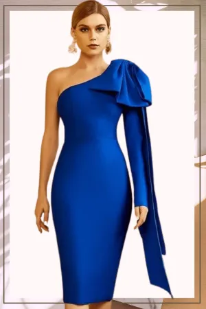 Ruffle Bow Long Sleeve off the Shoulder Bodycon Blue Midi Cocktail Dress
